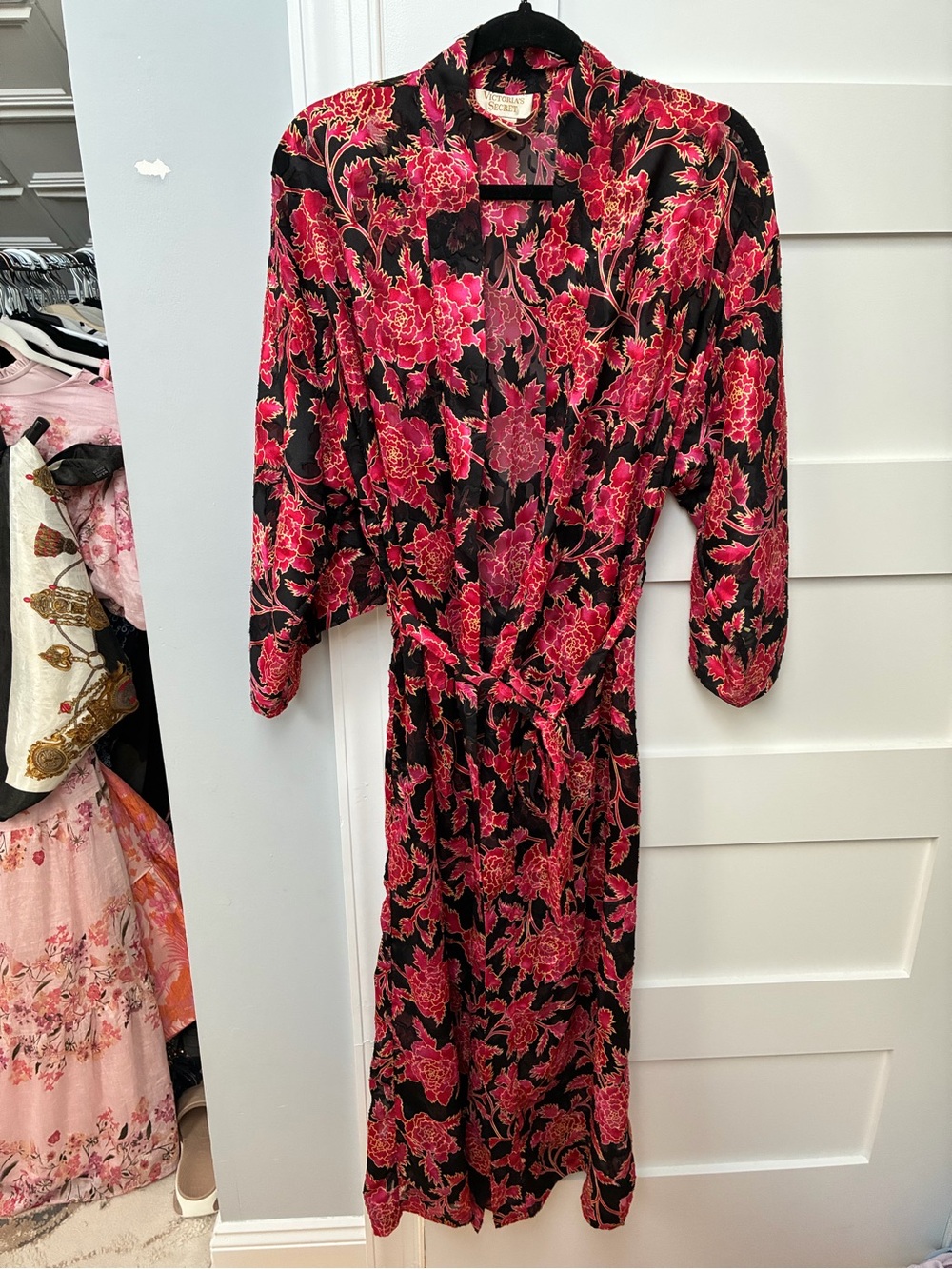 Vintage Victoria's Secret Black and floral robe with Pink Floral Print rare